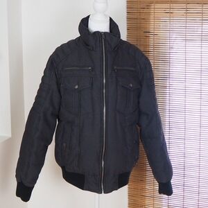 Express Men's Down Filled Utility Bomber Jacket Sz Medium Y2K Style Gray Canvas